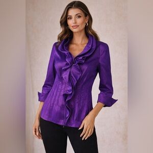 Samuel Dong Purple Satin Jacket Ruffle Collar Statement Blazer M